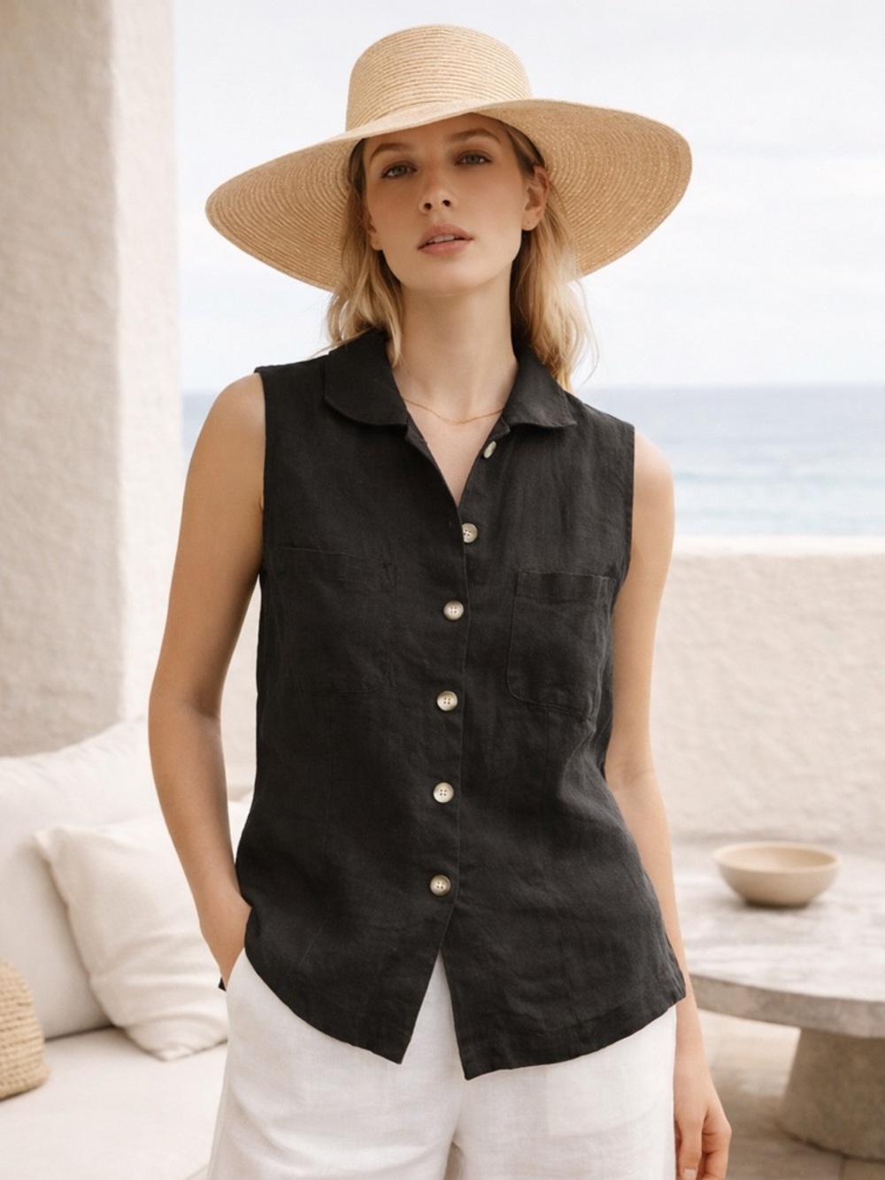 Peter Martin Linen Collection Black  Button Front Vest Top Size 13 Irish Linen